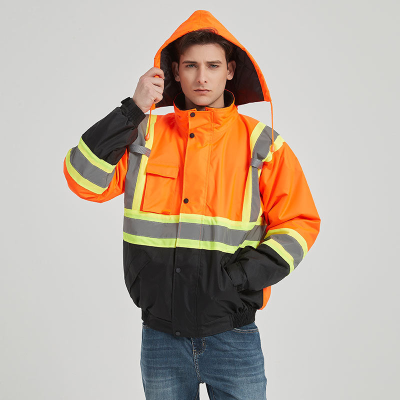 Reflective Waterproof Safety Jacket - 300D Oxford, Hooded, Hi-Vis, Bulk Available