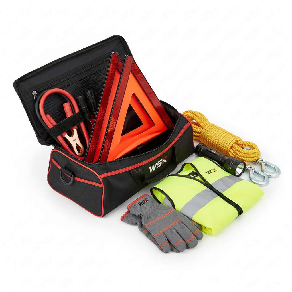 WSK emergency roadside auto kit with jumper cables, reflective triangles, tow rope, flashlight and safety vest in carrying bag